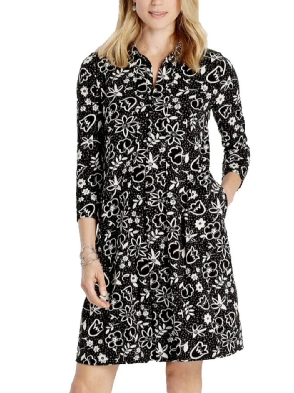 J Jill Pima Cotton Blend Dress Size 2X Black White Floral Button Front Pockets